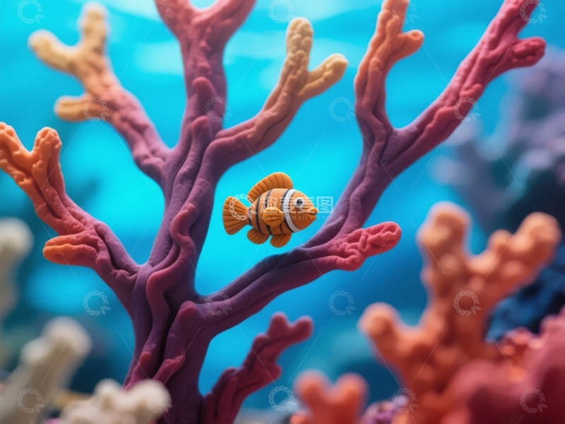 高清大图下载【趣麦麦图】橙色小丑鱼在多彩珊瑚丛中游动