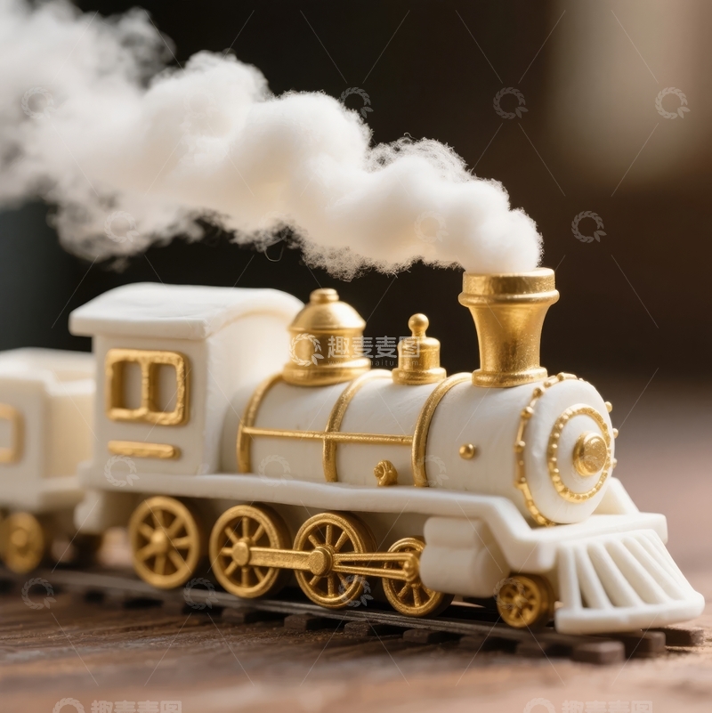高清大图下载【趣麦麦图】白色蒸汽火车模型在木质轨道上喷出烟雾