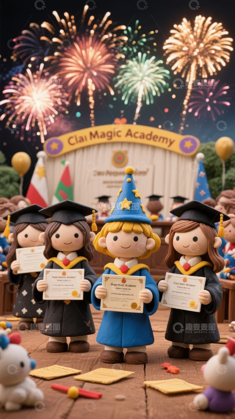 高清大图下载【趣麦麦图】魔法学院毕业典礼烟花绽放手持证书