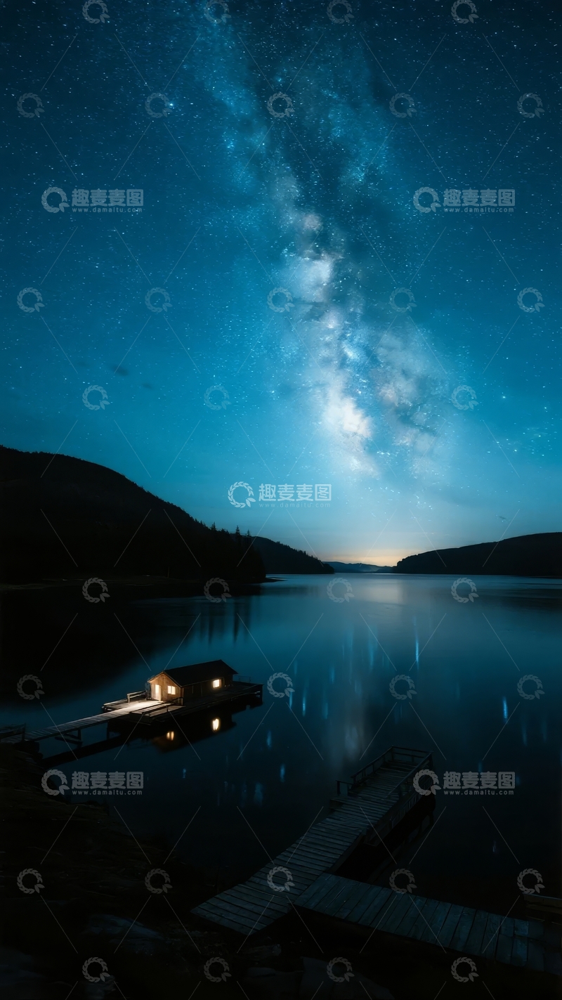 高清大图下载【趣麦麦图】夜空银河倒映湖面码头静谧美景