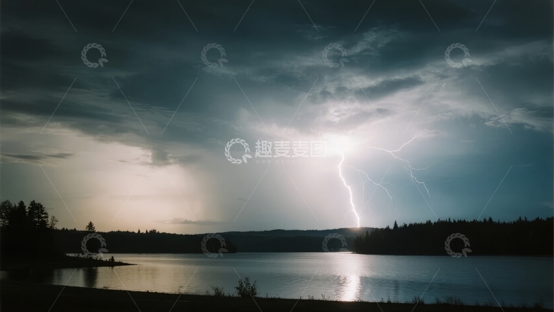 高清大图下载【趣麦麦图】雷电划破夜空照亮湖面与森林