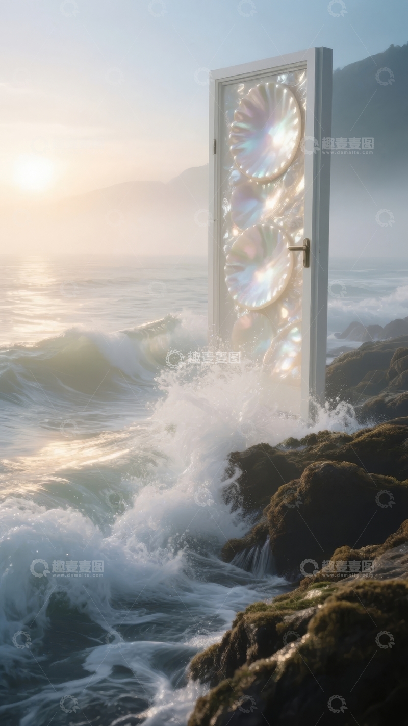 高清大图下载【趣麦麦图】海边岩石上矗立着一扇透光的神秘门