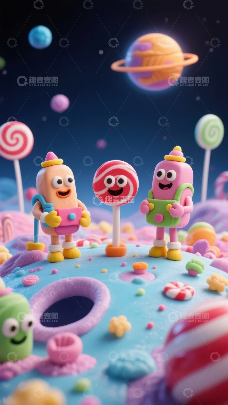 高清大图下载【趣麦麦图】糖果星球上的卡通糖果人偶在行星背景下微笑