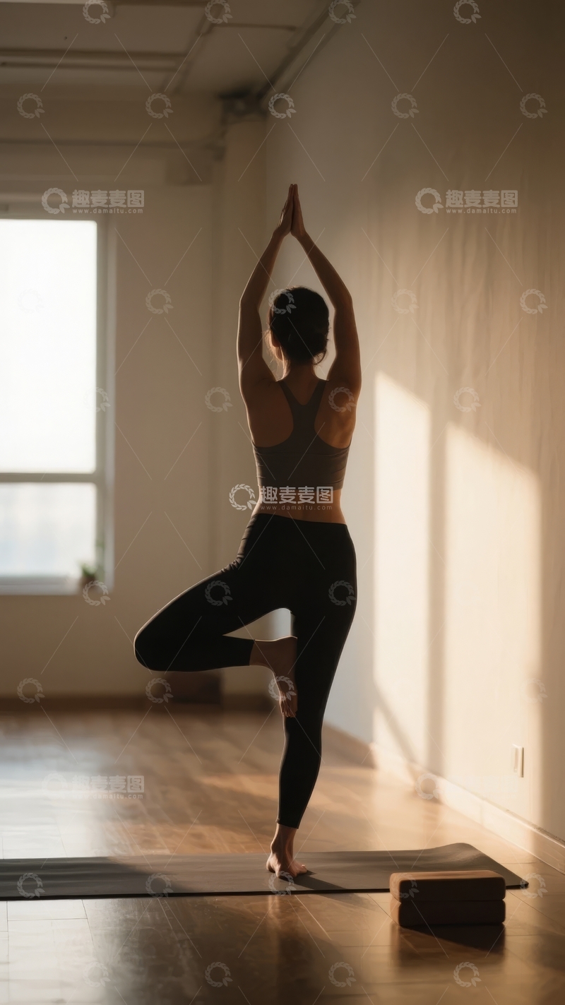 高清大图下载【趣麦麦图】女子在明亮室内练习瑜伽树式姿势