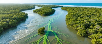 河流蜿蜒穿过茂密红树林的壮丽航拍景象