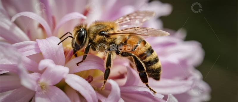 高清大图下载【趣麦麦图】蜜蜂停驻粉花上采集花蜜
