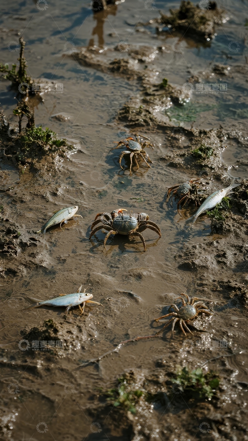 高清大图下载【趣麦麦图】-潮间带泥滩上螃蟹与鱼群活动场景