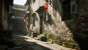 古巷深处红灯笼高挂石板路光影斑驳