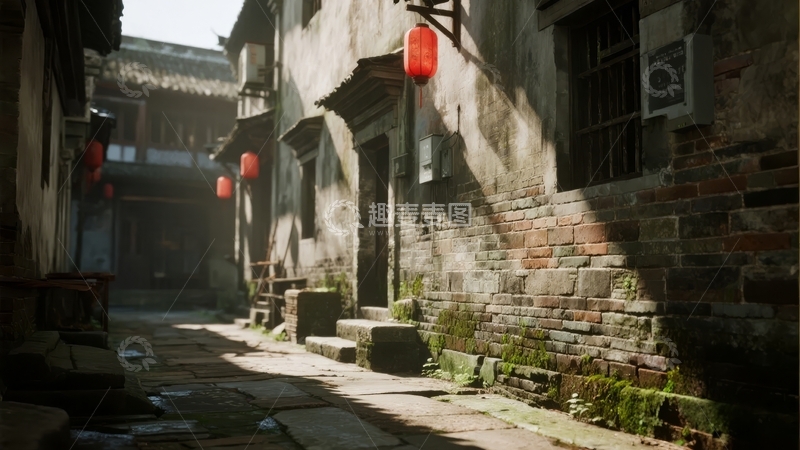 高清大图下载【趣麦麦图】古巷深处红灯笼高挂石板路光影斑驳