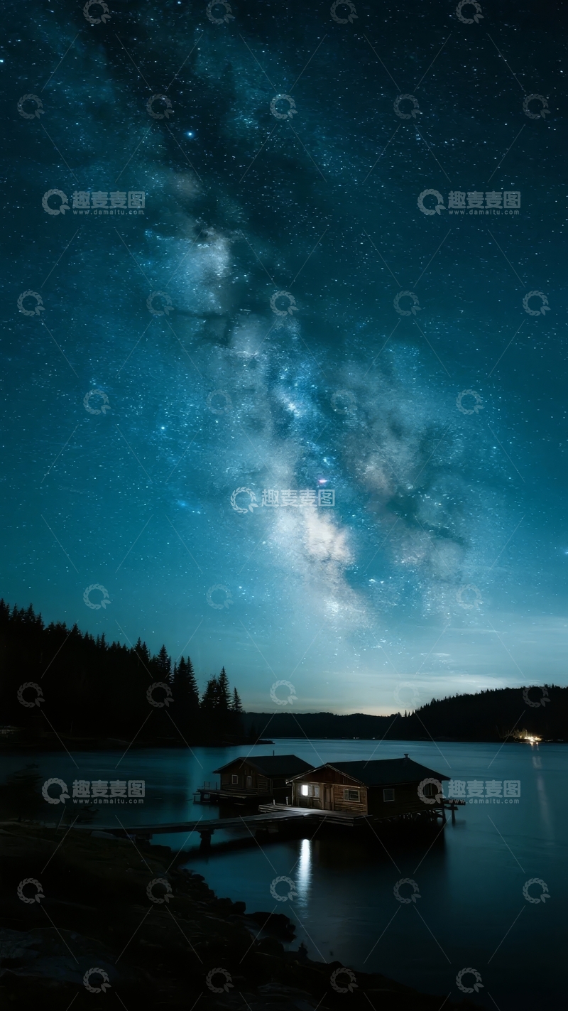 高清大图下载【趣麦麦图】夜空繁星下湖畔木屋静谧景象