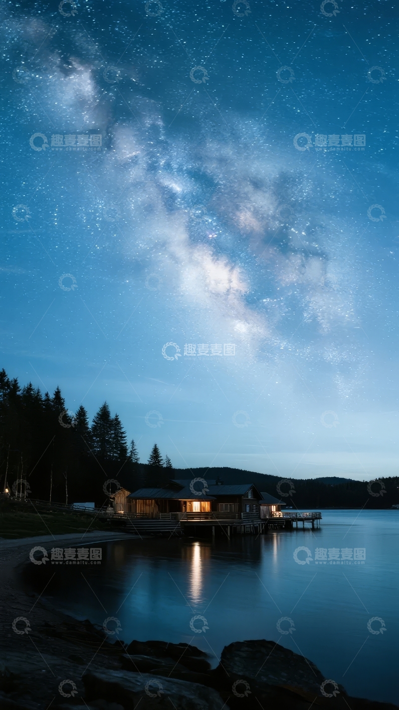 高清大图下载【趣麦麦图】夜空下湖畔木屋与银河交相辉映