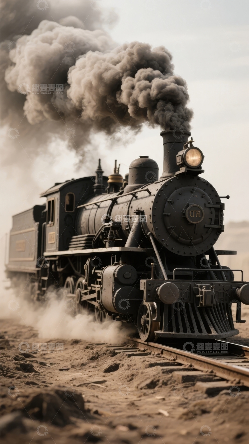 高清大图下载【趣麦麦图】蒸汽火车行驶中喷出浓密黑烟