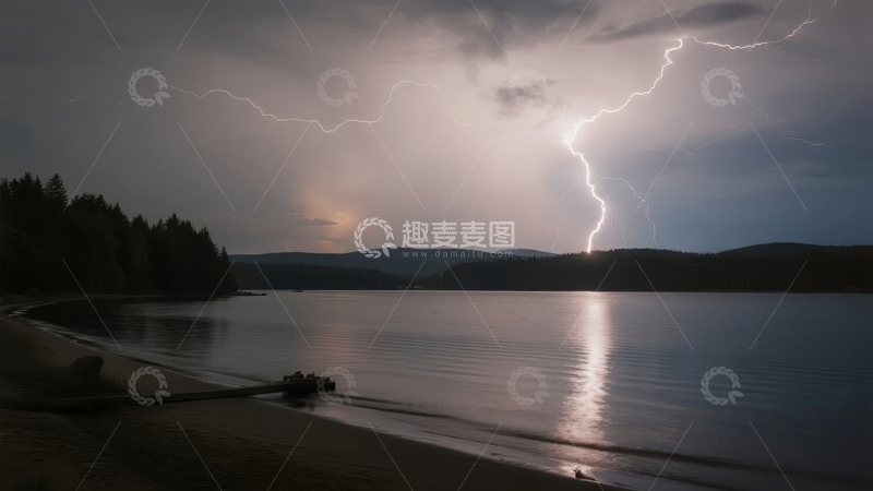 高清大图下载【趣麦麦图】闪电划破夜空照亮湖面与远山