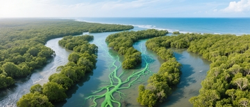 空中俯瞰蜿蜒河流与茂密红树林的自然景观
