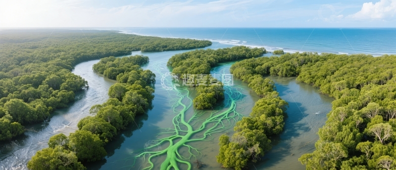 高清大图下载【趣麦麦图】空中俯瞰蜿蜒河流与茂密红树林的自然景观