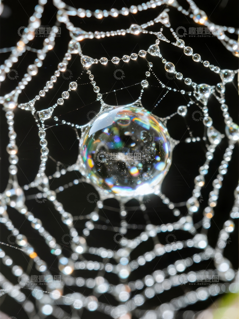 高清大图下载【趣麦麦图】蜘蛛网中心的水珠在光线下折射出彩虹色彩