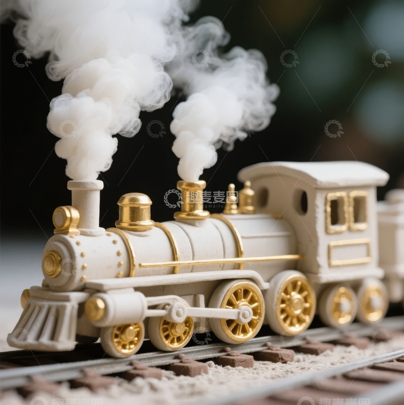 高清大图下载【趣麦麦图】白色蒸汽火车模型在轨道上喷出烟雾