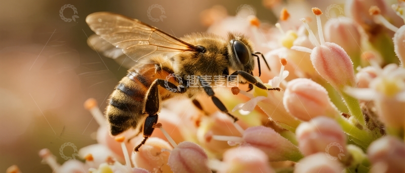 蜜蜂在粉红色花朵上采集花蜜的特写镜头