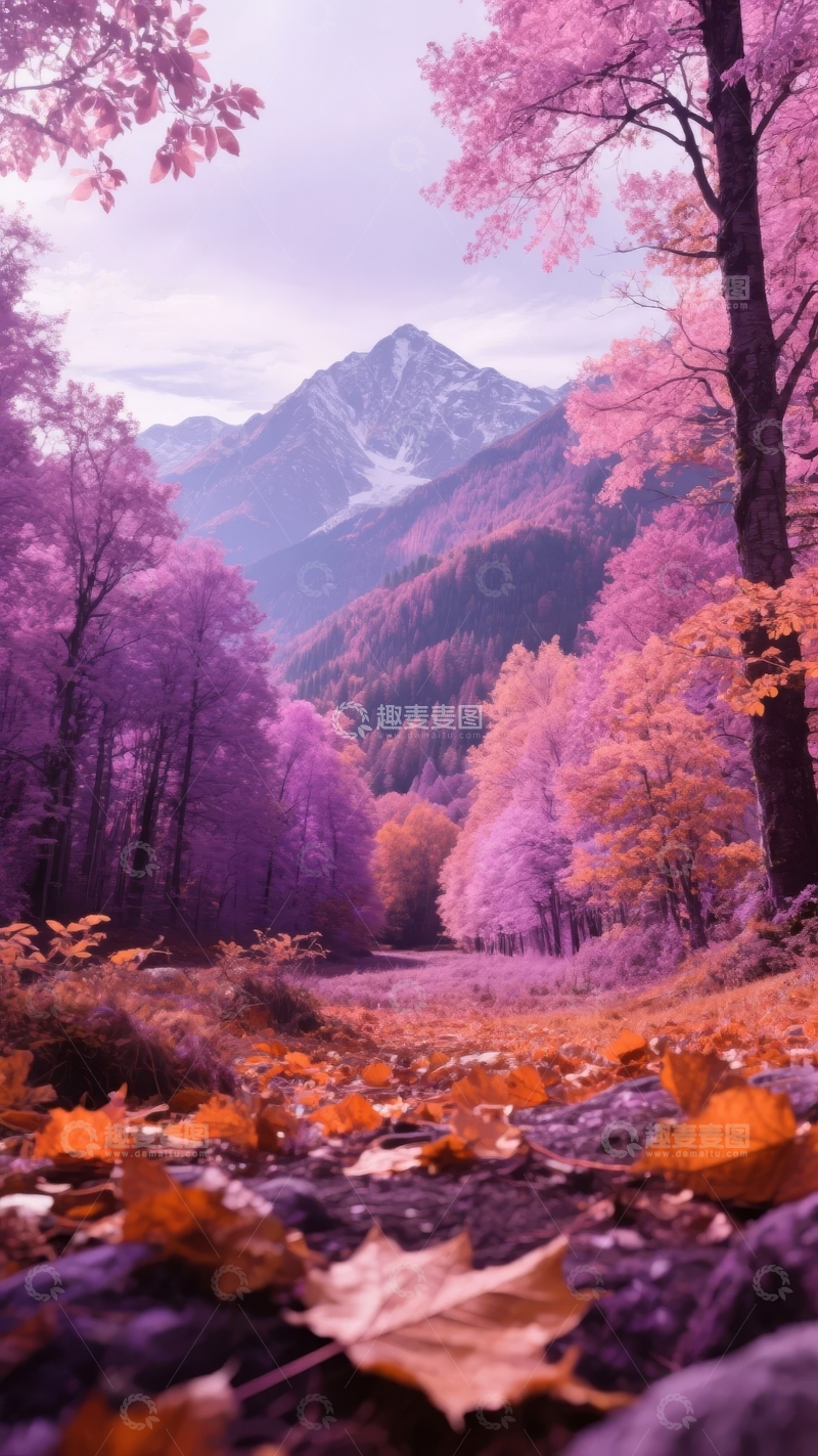 高清大图下载【趣麦麦图】紫色森林小径通向雪山的梦幻秋景