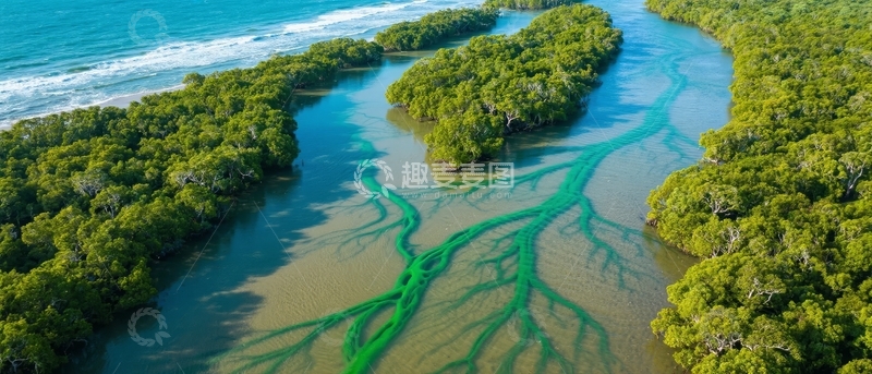 高清大图下载【趣麦麦图】空中俯瞰红树林与碧绿河流交织的自然景观