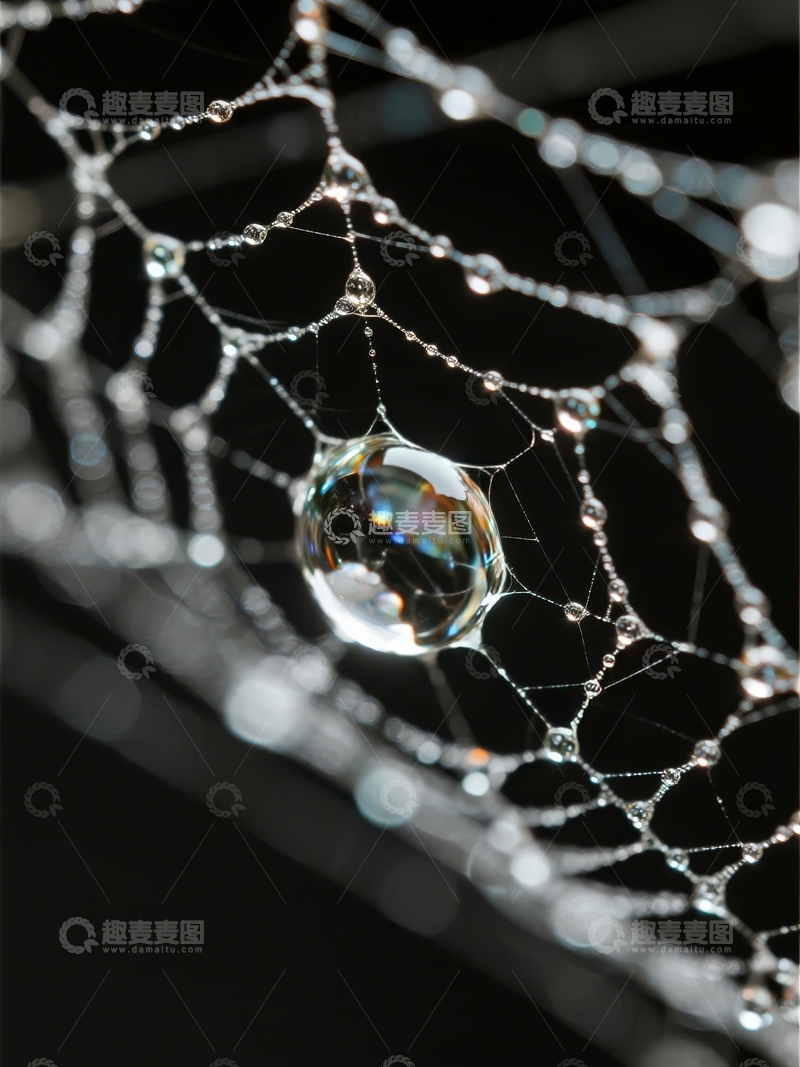 高清大图下载【趣麦麦图】蜘蛛网上的水滴在光线下折射出彩虹色彩