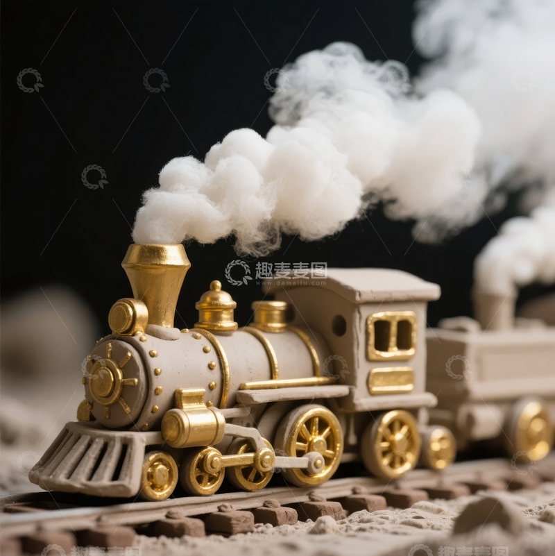 高清大图下载【趣麦麦图】蒸汽火车模型在轨道上喷出白色烟雾