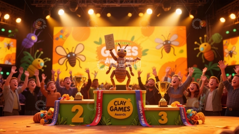 高清大图下载【趣麦麦图】颁奖典礼上人群庆祝胜利奖杯闪耀舞台