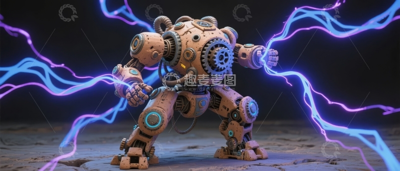 高清大图下载【趣麦麦图】机械战士释放电能光芒的科幻场景