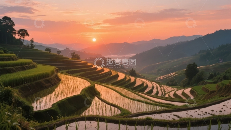 高清大图下载【趣麦麦图】日落时分的梯田水景与层叠山峦