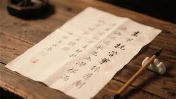 古朴木桌上摆放着书法作品与毛笔