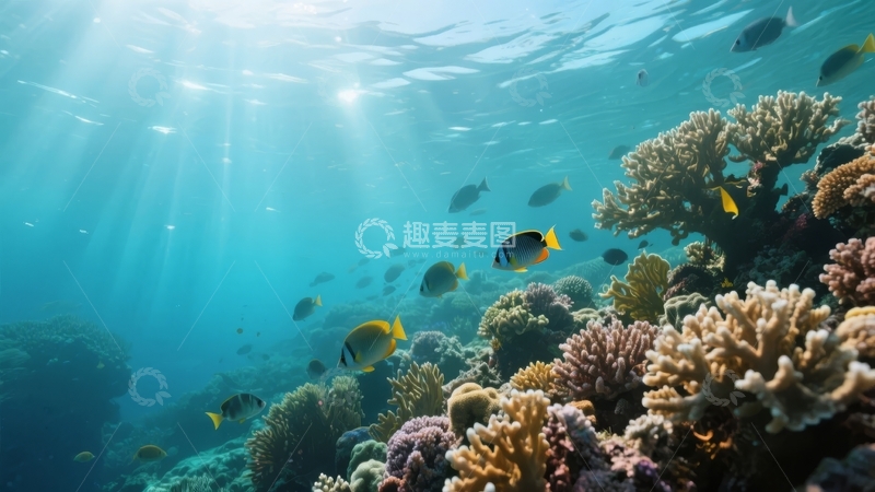 高清大图下载【趣麦麦图】阳光穿透清澈海水照亮五彩斑斓珊瑚礁与游弋鱼群