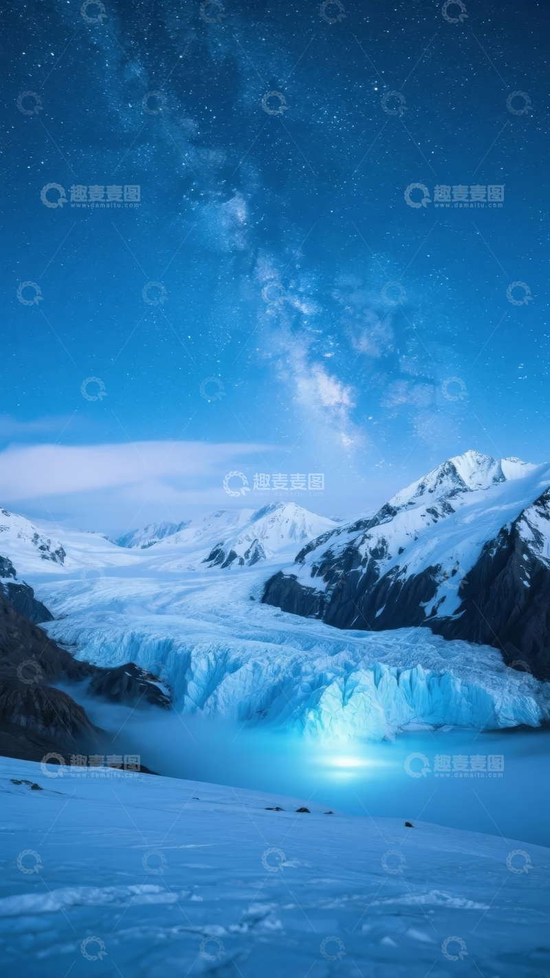 高清大图下载【趣麦麦图】夜空下冰川与银河交相辉映的壮丽景象