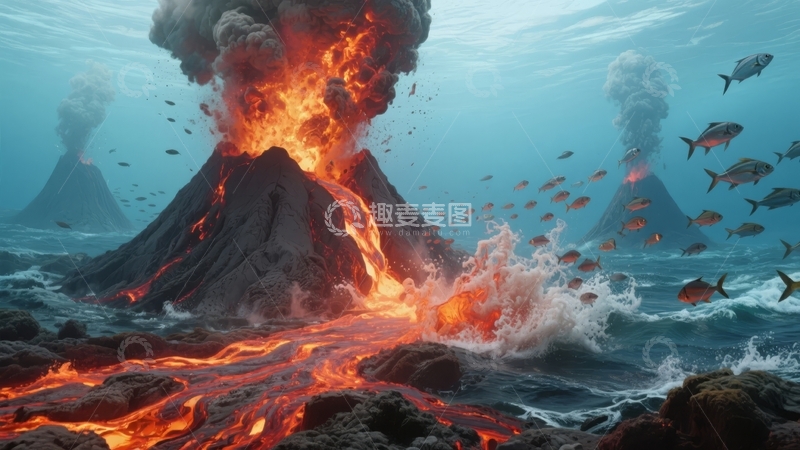 高清大图下载【趣麦麦图】海底火山喷发熔岩流入海洋鱼群游动