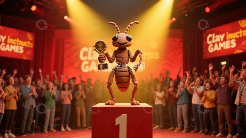 高清大图下载【趣麦麦图】卡通蚂蚁奖杯站在舞台中央观众欢呼