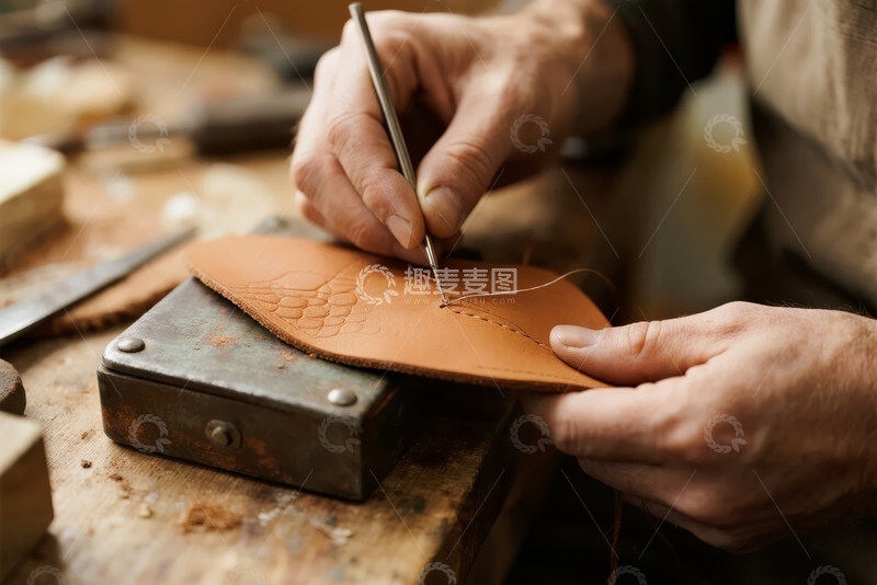 高清大图下载【趣麦麦图】工匠手工缝制皮革制品专注细致