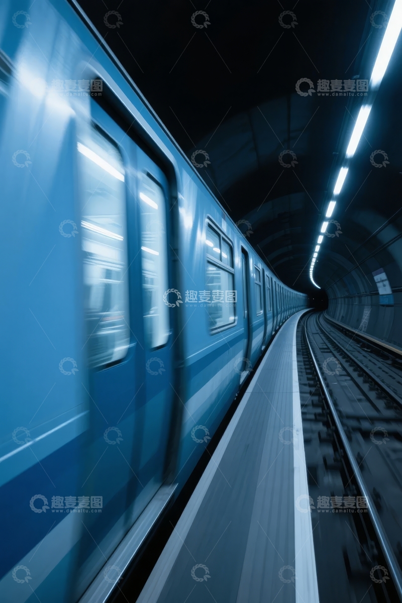 高清大图下载【趣麦麦图】蓝色地铁列车驶过隧道站台的动态瞬间