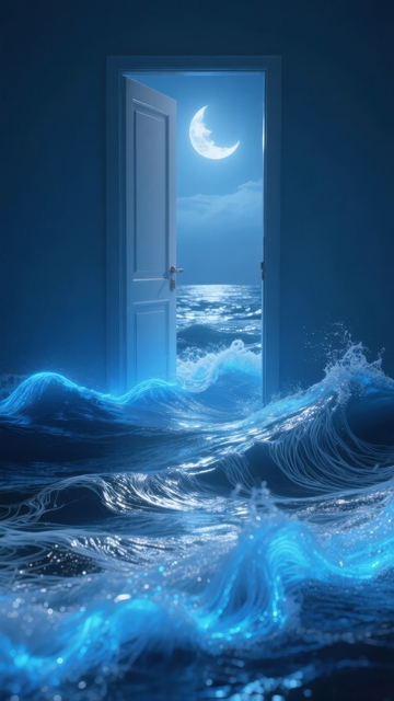 敞开的门通向月光下的海洋