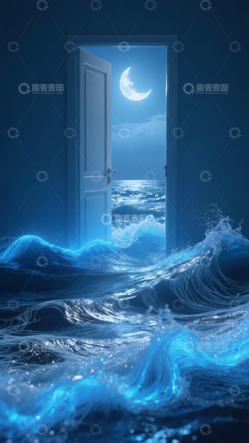 高清大图下载【趣麦麦图】敞开的门通向月光下的海洋