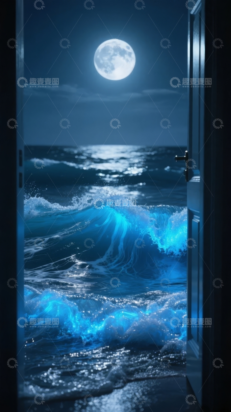 高清大图下载【趣麦麦图】月光下海浪拍打窗边的夜景