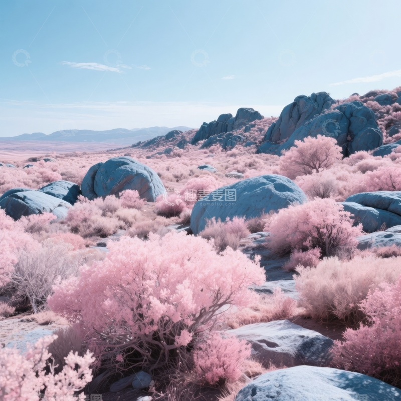 高清大图下载【趣麦麦图】粉色灌木与岩石构成的梦幻自然景观