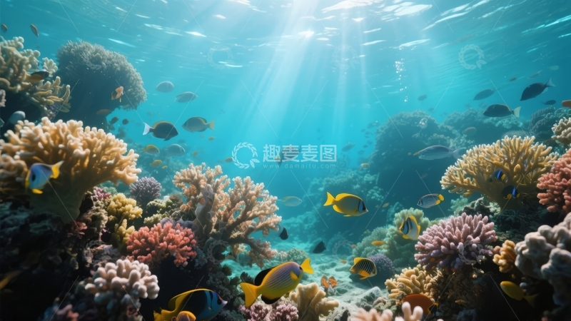 高清大图下载【趣麦麦图】阳光穿透水面照亮色彩斑斓的珊瑚礁与游弋的鱼群