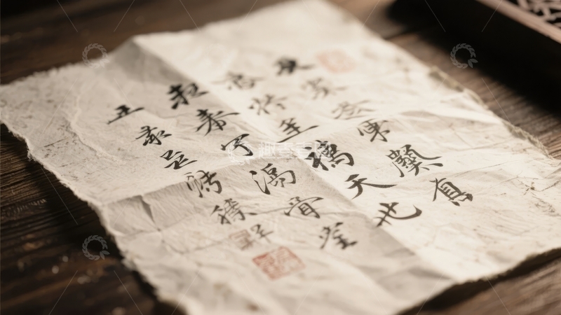 高清大图下载【趣麦麦图】一张带有书法文字的旧纸张放置在木质表面上