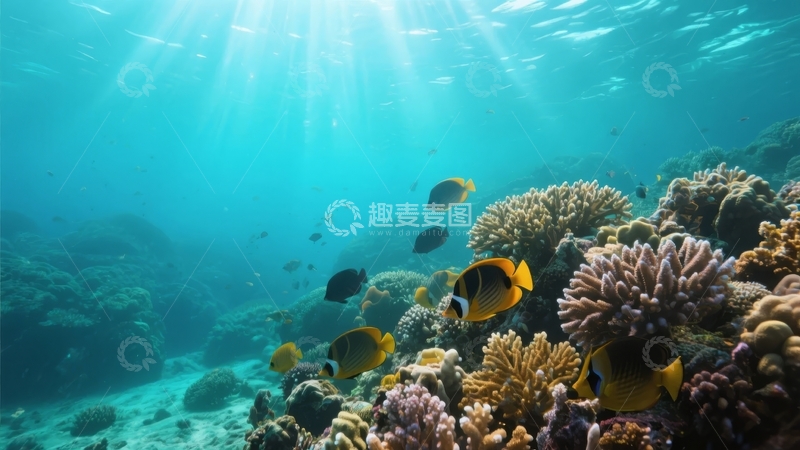 高清大图下载【趣麦麦图】阳光穿透清澈海水照亮色彩斑斓的珊瑚礁与游鱼