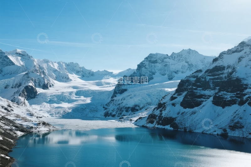 高清大图下载【趣麦麦图】-雪山环抱下的冰川湖泊蓝天映衬