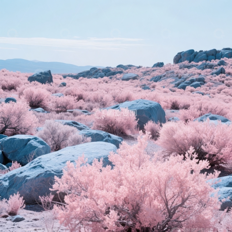 高清大图下载【趣麦麦图】粉色灌木与岩石构成的梦幻自然景观