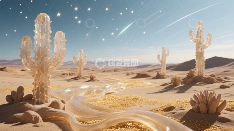 高清大图下载【趣麦麦图】沙漠中晶莹剔透的仙人掌与流动光影
