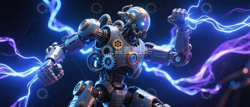 高清大图下载【趣麦麦图】机械人释放蓝色电光充满科技感