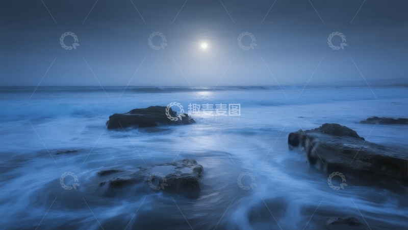 高清大图下载【趣麦麦图】月光下的海岸岩石与流动海浪