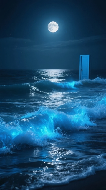 满月高悬海面波浪翻涌夜景