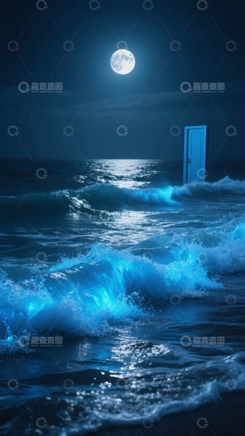 高清大图下载【趣麦麦图】满月高悬海面波浪翻涌夜景